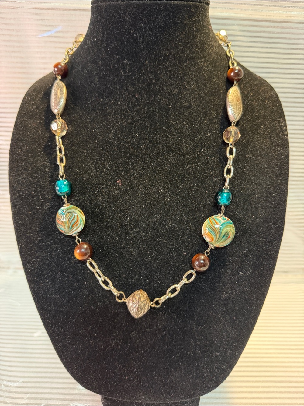 Source Unknown Teal, Brown and Gold Swirl Bead Necklace
